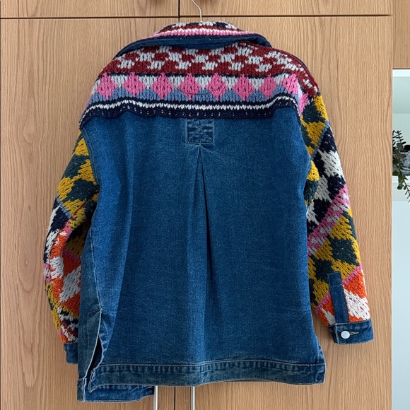 Anthropologie Pilcro Crochet Denim sweater Jacket with Patterned Sleeves XS - Picture 7 of 12